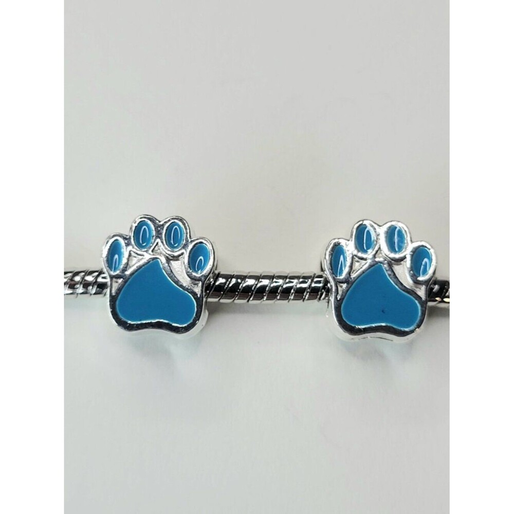 New! For Pandora TWO bright blue and silver color dog, bear, cat paw charm beads